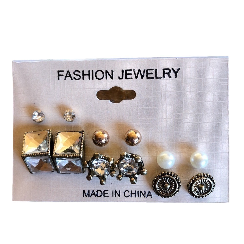 6 pair gold-tone mixed metals gemstone faux Pearl earring sets